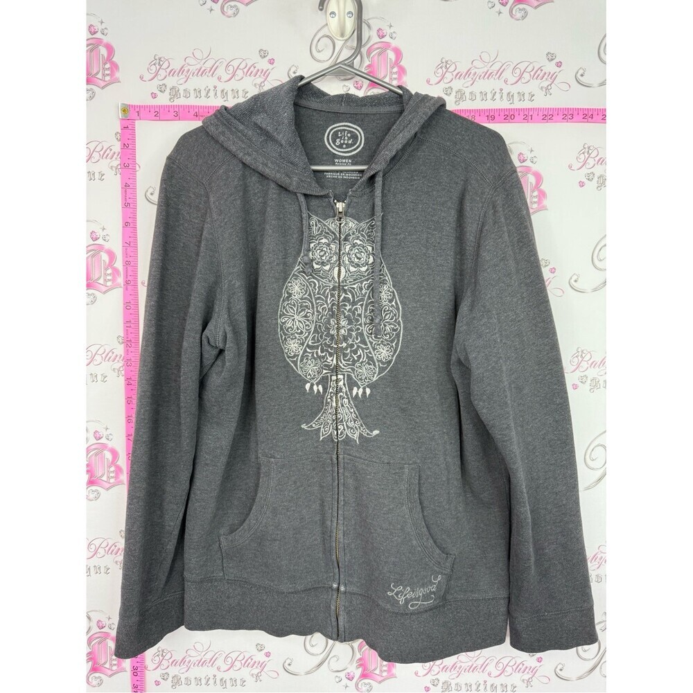 Life Is Good Gray Zip Hoodie with White Owl Motif